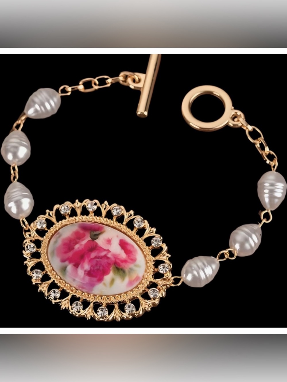 Gold Plated Faux Pearl Vintage Style Rose and Rhinestone Toggle Bracelet